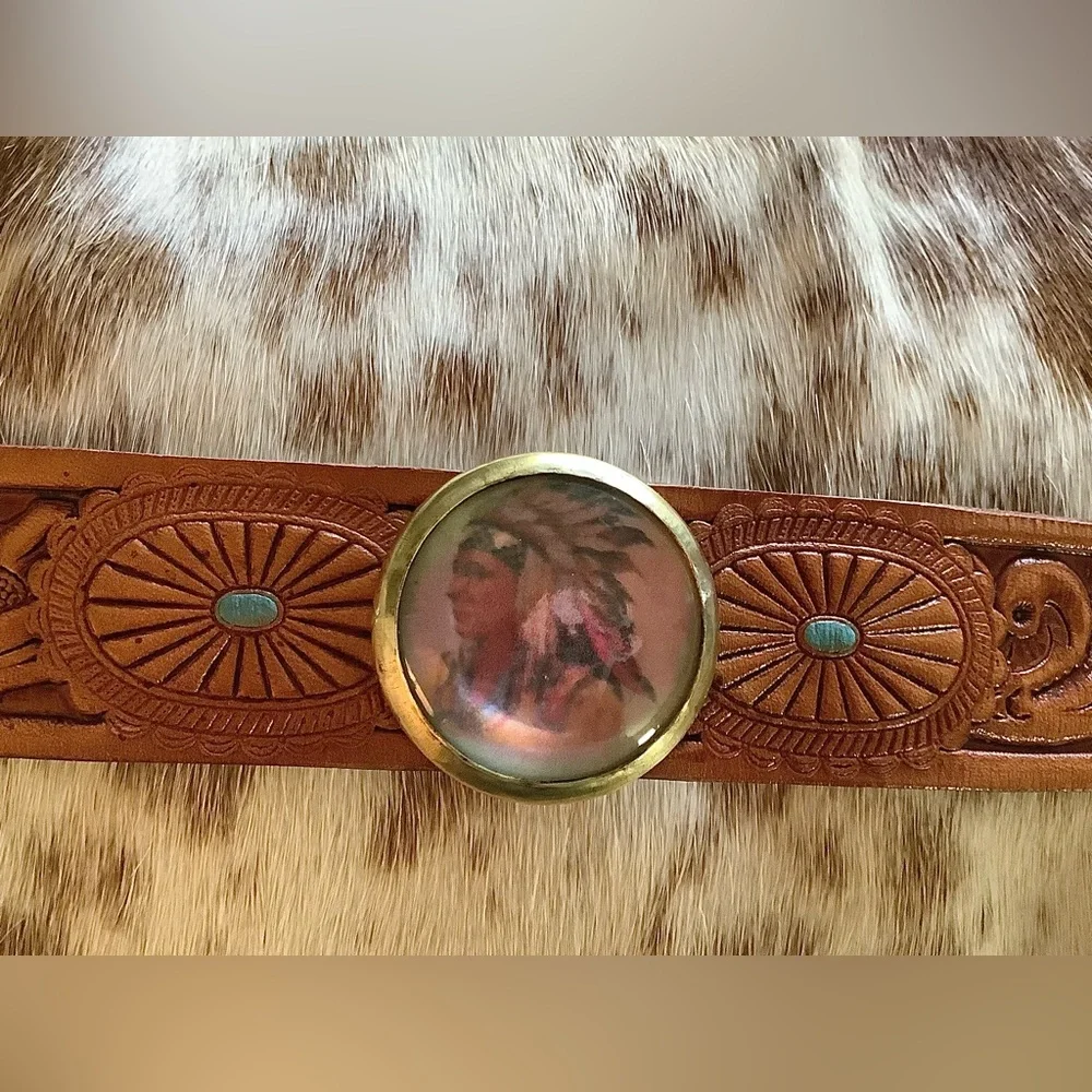 Tooled Leather Cuff  , Indian concho, adjustable
